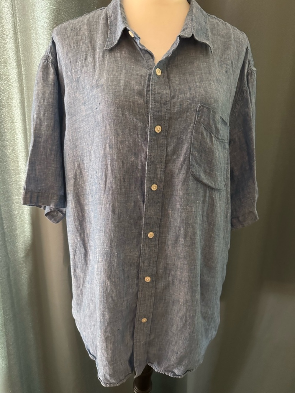 Lands’ End Men’s XL 100% Linen Button Front Shirt Blue Short Sleeve Traditional
